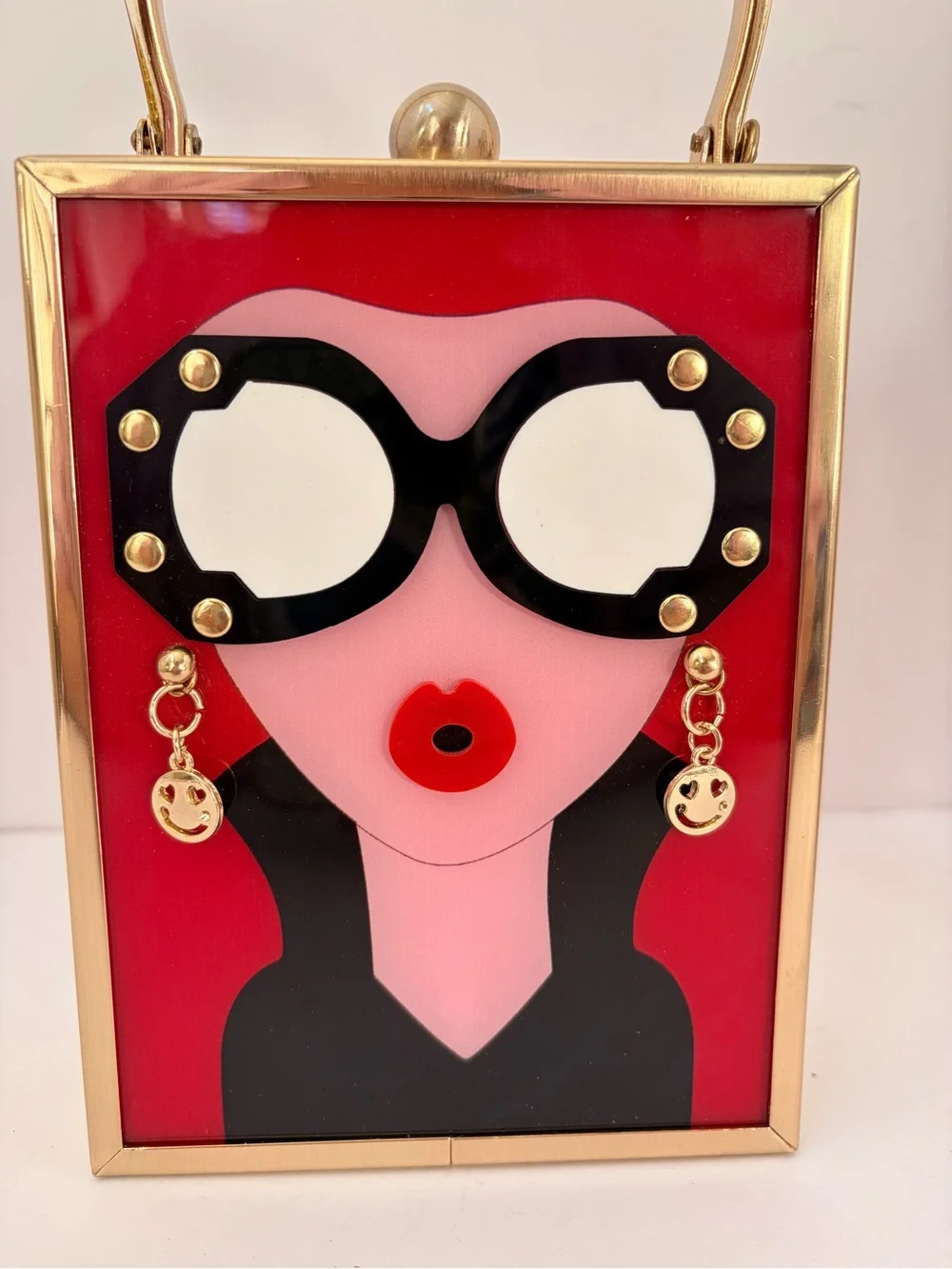Novelty Red & Pink Face Clutch with Gold Hardware